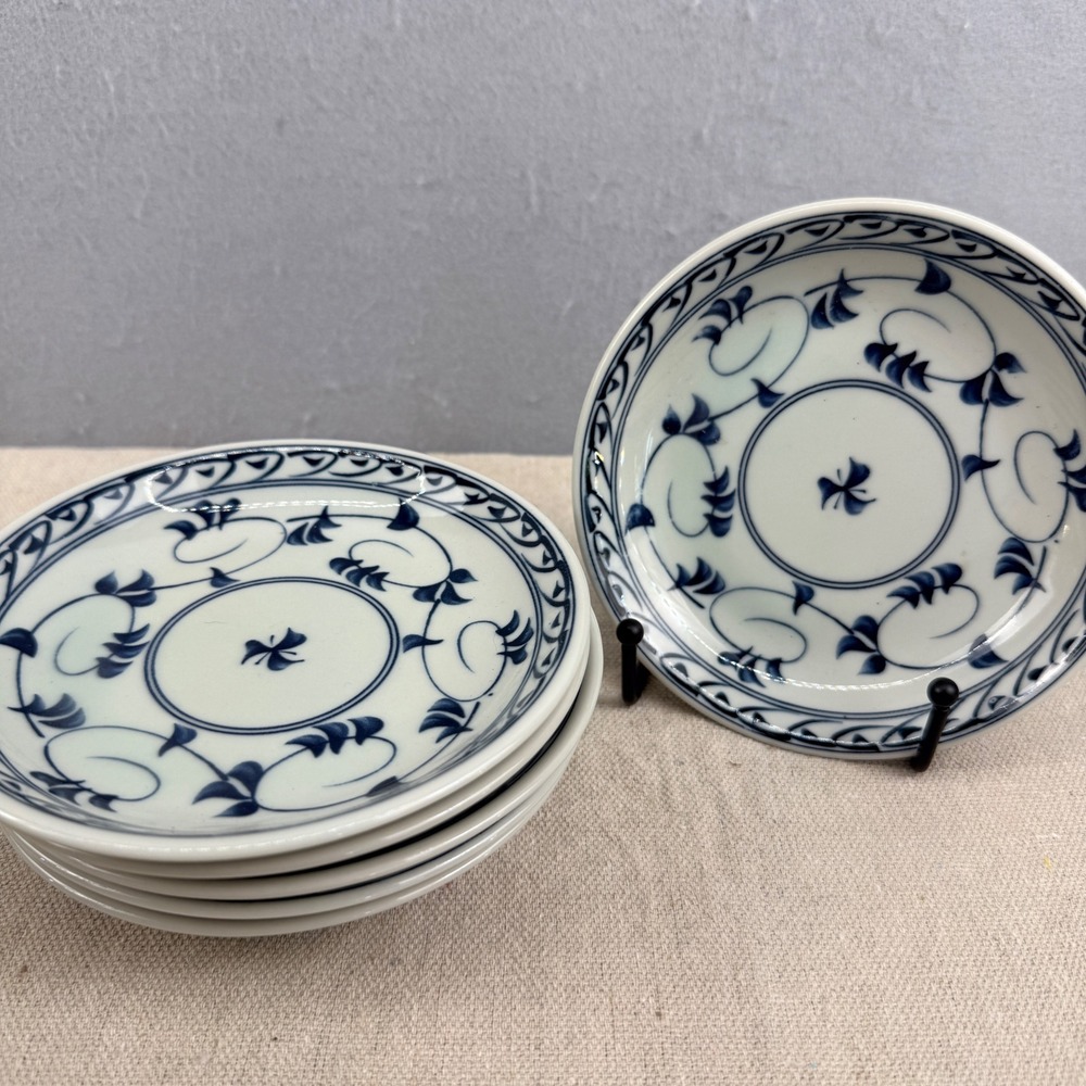 Vintage Set 6 Japanese Blue White Porcelain Appetizer Plates Floral Vine